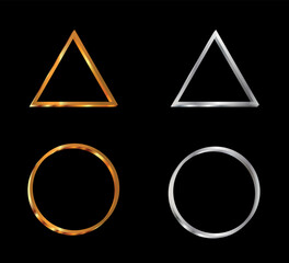 vector set of metallic geometric shapes, gold and silver triangle and circle on black background