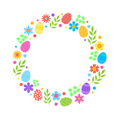 Easter wreath with Easter eggs, flowers and leaves on white background. Decorative frame for your greeting cards, banners, flyers