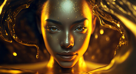 fashion portrait of a beautiful curvaceous woman emerging from gold liquid pool.