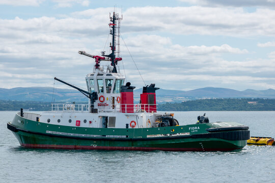 General view of a tug boat, the Fidra, moored in the Firth of Forth