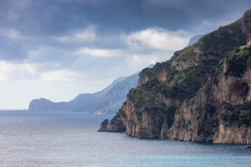 Rocky Cliffs and Mountain Landscape by the Tyrrhenian Sea. Amalfi Coast, Italy. Nature Background.