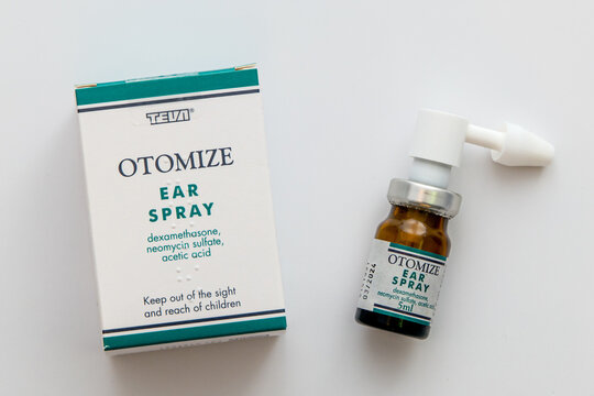 Box and bottle of dexamethasone Otomize ear spray, prescription medication for external ear canal infections