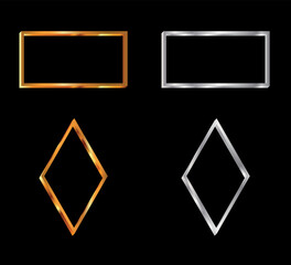 vector set of metallic geometric shapes, gold and silver rectangle and rhombus on black background
