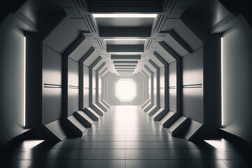 Sci-Fi Alien White Corridor Hallway Room with Stark White Lighting Glossy Floor 3D Architecture Room
