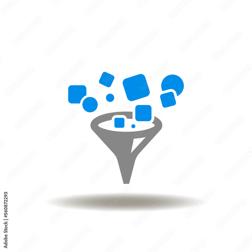 Poster vector illustration of funnel filter and products. icon of filtering and transformation. symbol of f