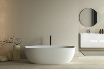 Naklejka na ściany i meble Bright minimal bathroom interior with white basin and oval mirror, bathtub, dry plants in vase, carpet on granite floor. Bathing accessories and window in hotel studio. 3D rendering