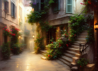 Fototapeta na wymiar Painting of a beautiful old street with traditional houses in a typical old-fashioned greek town at twilight with glowing lamps and summer flowers. generative ai illustration