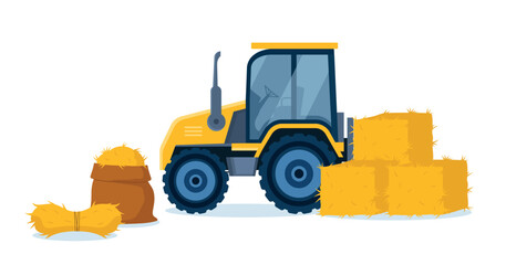 Bale of hay Tractor. Farming and agriculture. Transport with hay, inventory for cleaning the territory. Poster or banner for website. Cartoon flat vector illustration isolated on white background