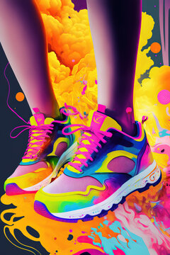 Feet in brightly colored training shoes