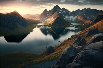 A panoramic view of a mountain range at sunset with a lake in the foreground, perfect for outdoor and adventure promotions. - obrazy, fototapety, plakaty