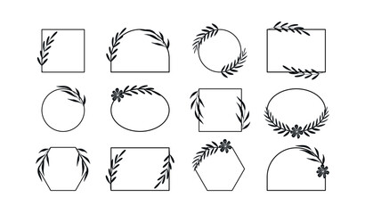 Leaves patterns line set. Collection of geometric wreaths with branches and leaves. Graphic elements for website, frames for products. Cartoon flat vector illustrations isolated on white background