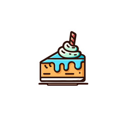 A piece of birthday cake with icing and sprinkles. Happy birthday greeting card design element. Cartoon style isolated vector clipart illustration.
