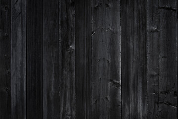 Black wooden planks background wall. Textured black rustic wood old dark paneling for walls, interiors and construction.