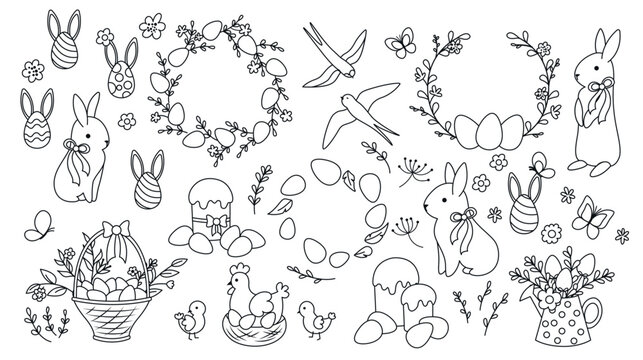 Easter boho line set. Collection of stickers for social media and messengers. Patterns for printing on fabric. Culture and traditions. Cartoon flat vector illustrations isolated on white background