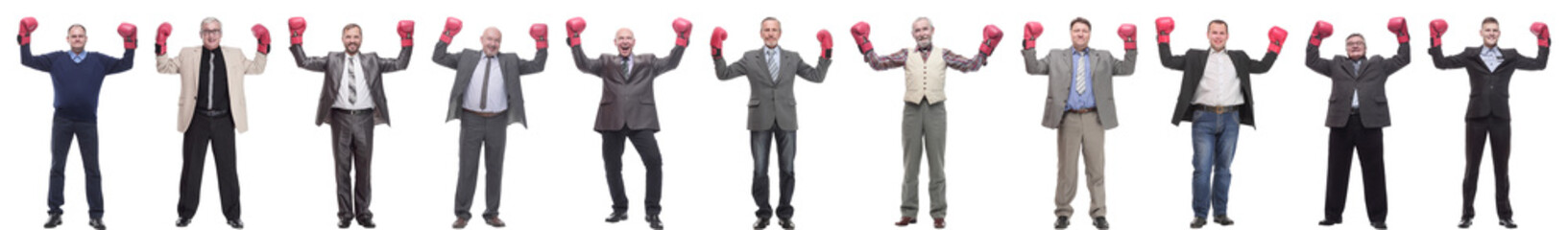 collage of businessmen in boxing gloves isolated
