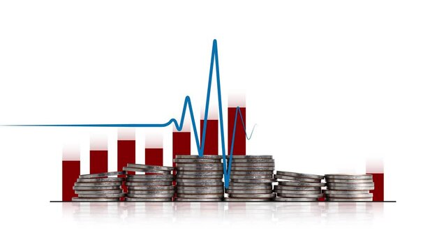 Piles of coins and electrocardiogram with bar graph. Concept of economic instability.
