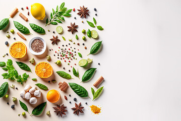 Culinary herbs and spices flat lay design, copyspace. Generative AI