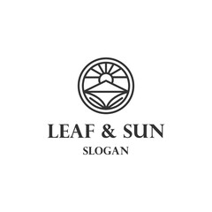 mountain logo design with sun, leaf .