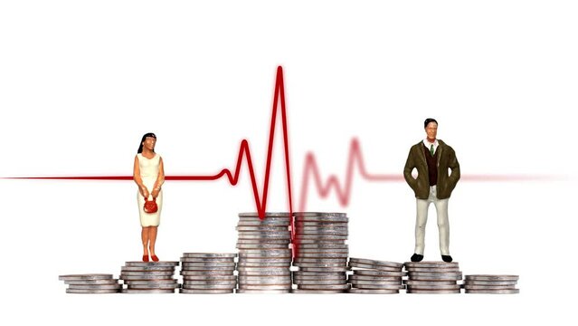 Miniature people standing on pile of coins with curve graph.

