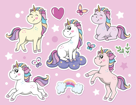 Unicorns stickers set. Collection of graphic elements for website, poster or banner. Imaginary character, fairy tale and fantasy. Cartoon flat vector illustrations isolated on pink background