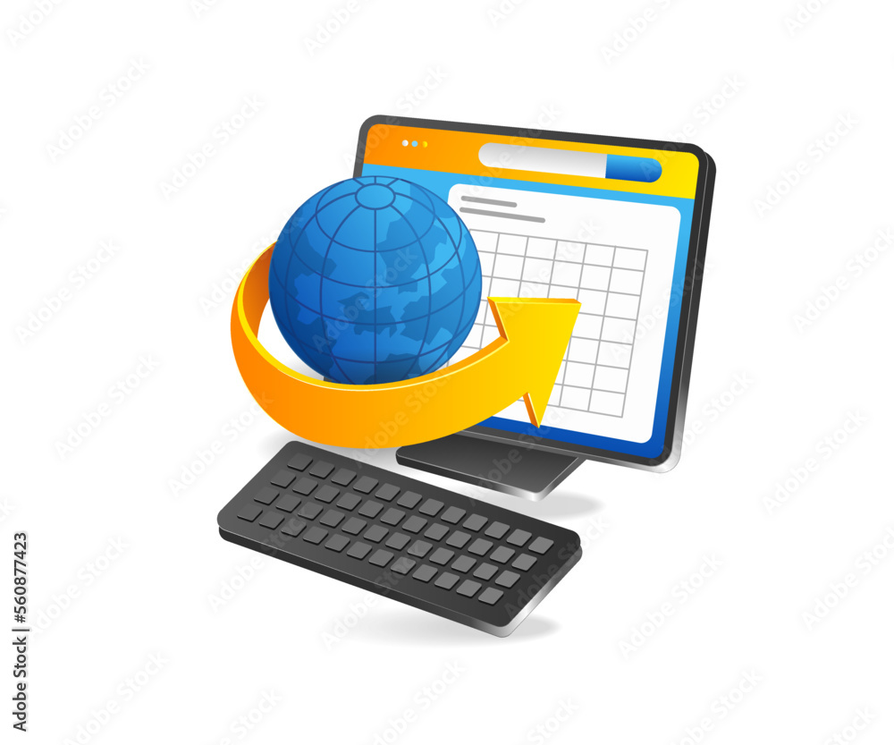 Poster flat 3d concept isometric illustration of earth coming out of computer monitor
