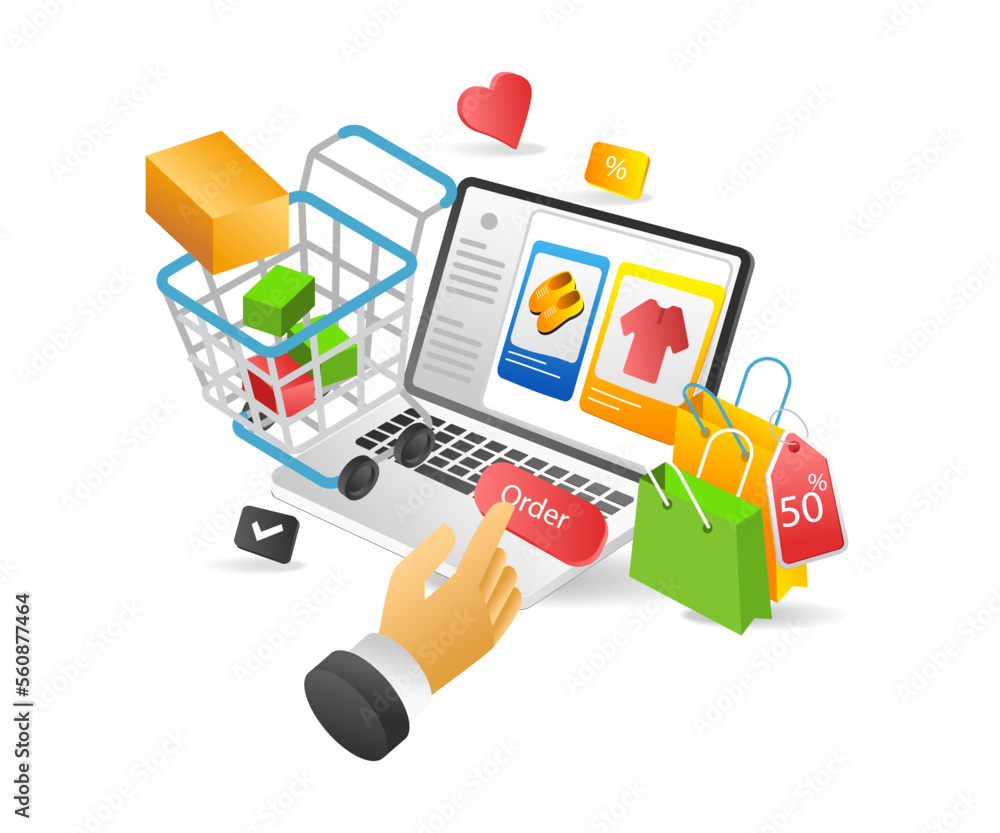 Aufkleber flat 3d concept isometric illustration of online shopping order with computer