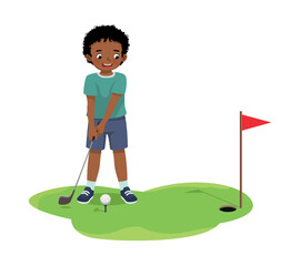 Cute little African boy playing golf ready to hit ball aiming at the hole