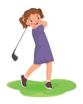 cute little girl playing golf hitting ball with golf club