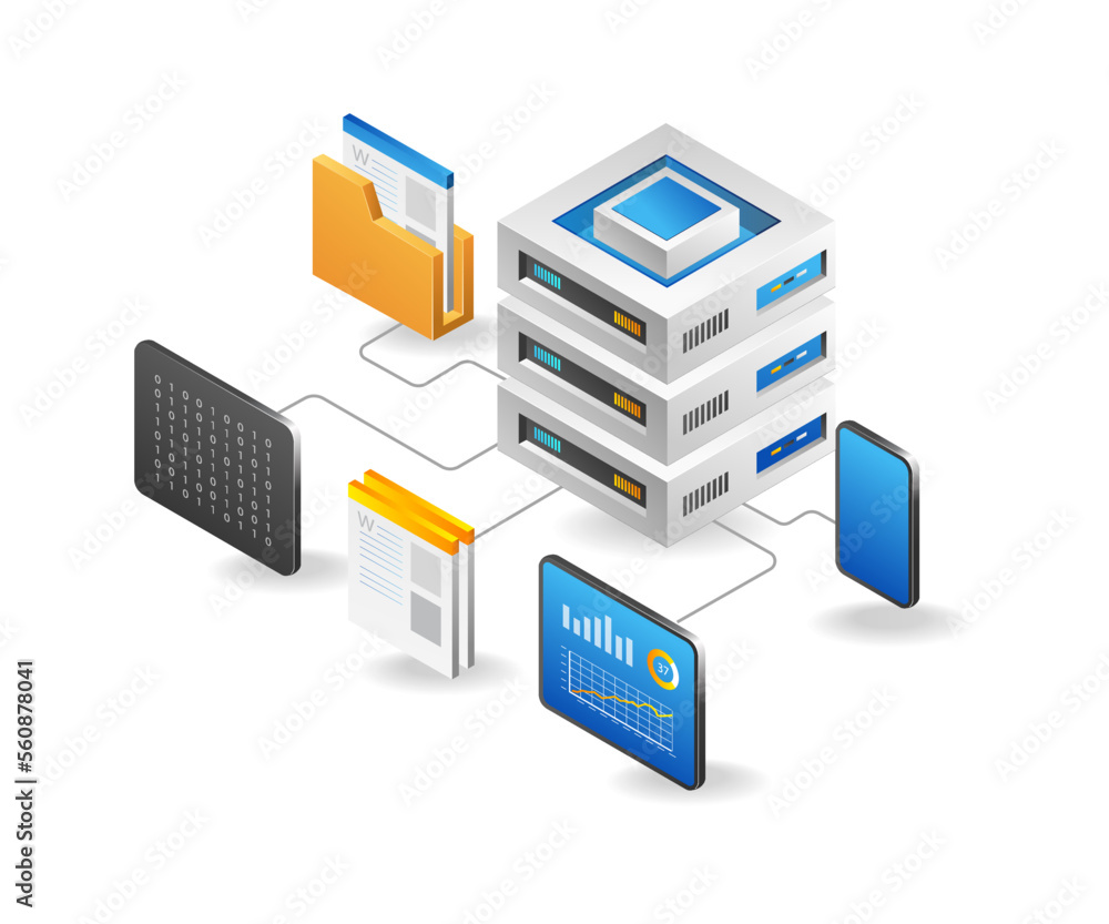 Poster flat isometric 3d illustration concept of big data storage server