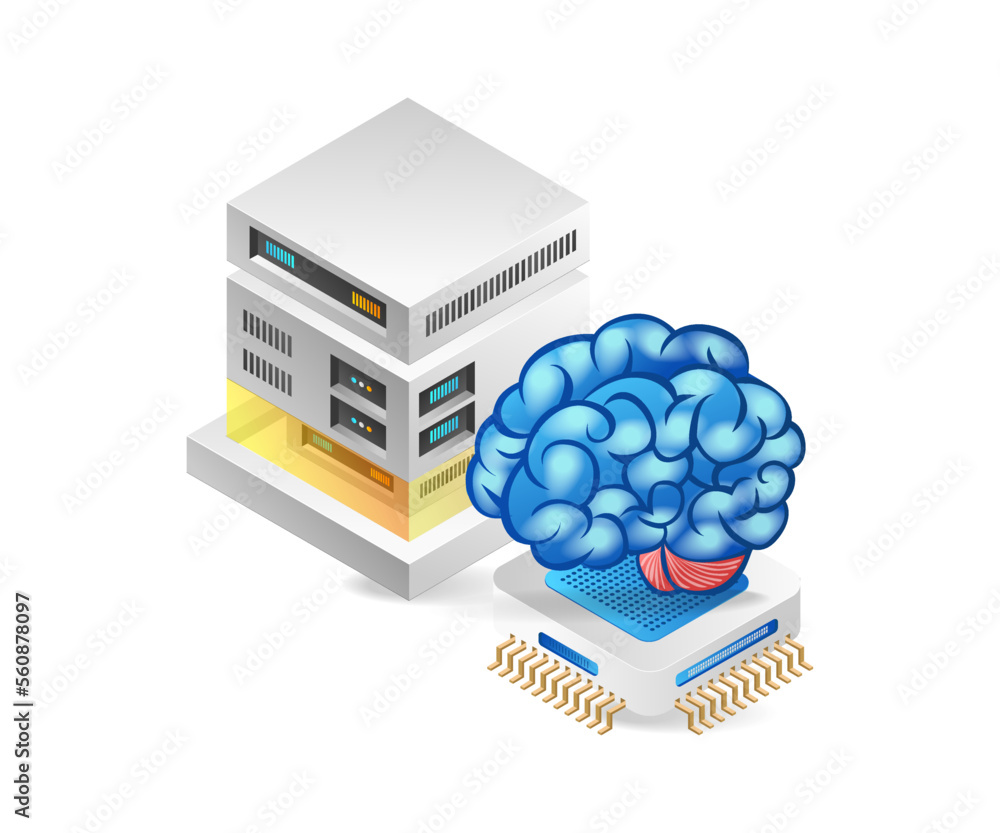 Poster Flat isometric 3d illustration concept of data server for artificial intelligence