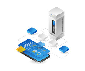 Flat isometric 3d concept illustration smartphone analyst server application