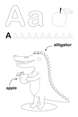 Coloring alphabet for kids. The letter A. Alligator and apple.