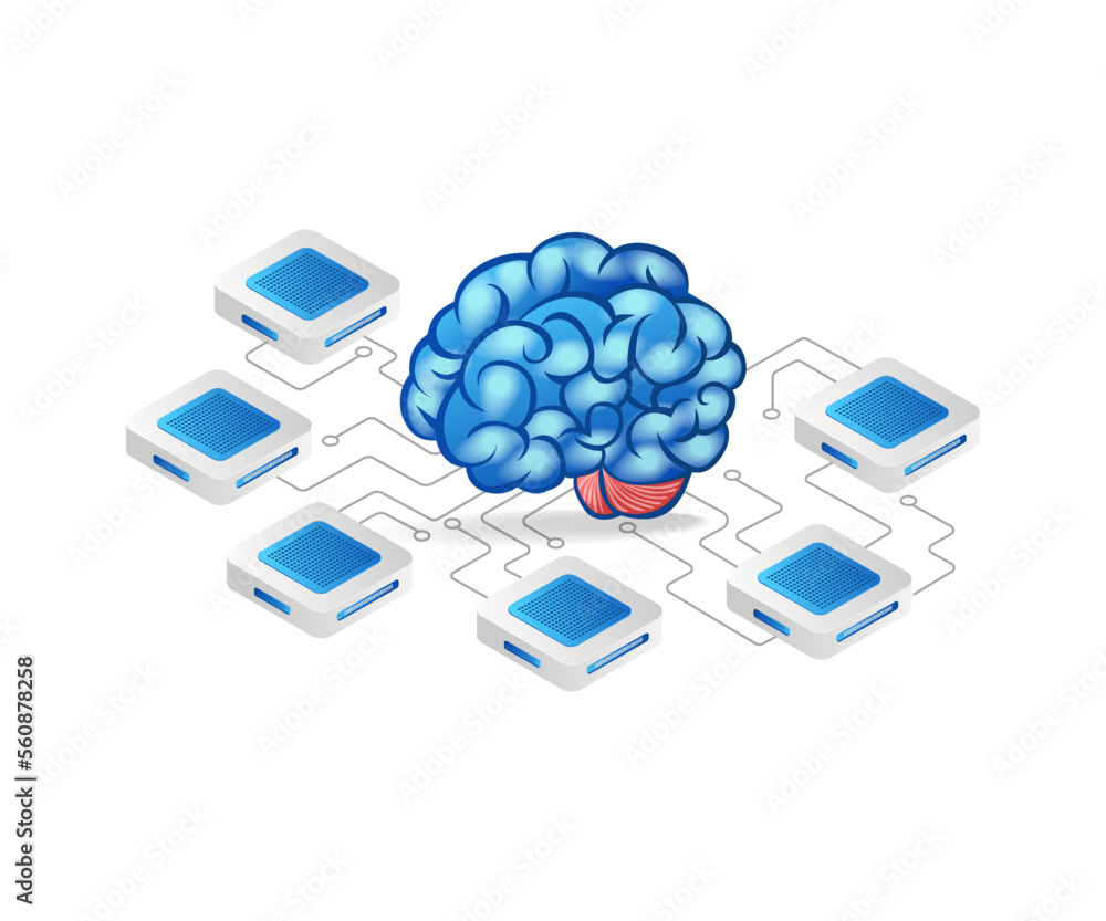 Poster isometric flat 3d concept illustration of brain center network artificial intelligence chip