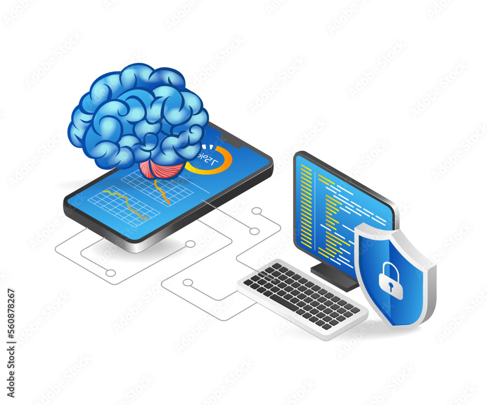 Aufkleber isometric flat 3d concept illustration of artificial intelligence brain program