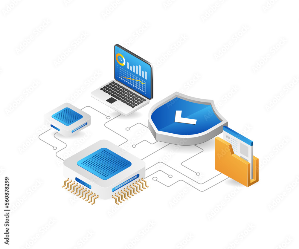 Fototapete isometric flat 3d concept illustration of chip data system security program