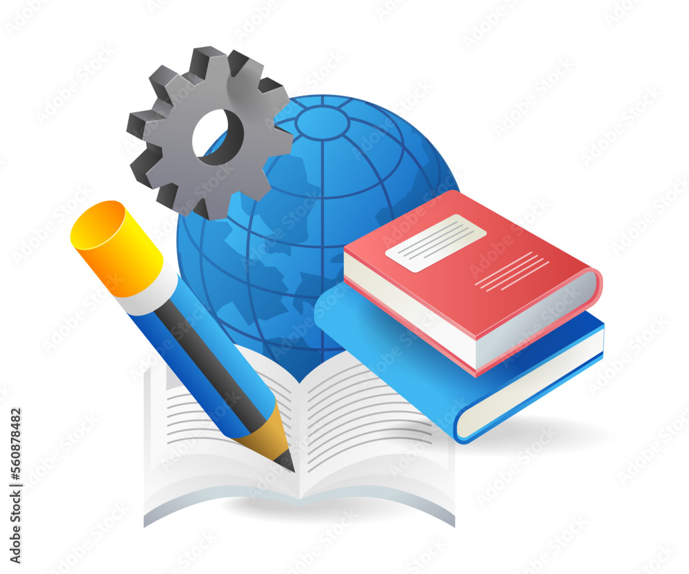 Poster isometric flat 3d concept illustration of writing and reading learning process