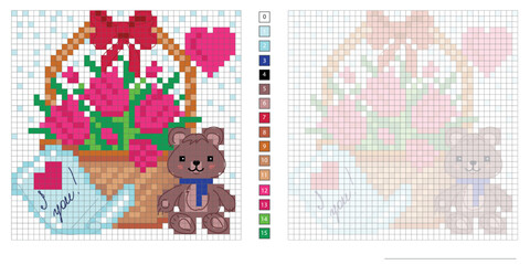 Fototapeta premium vector pixel illustration, basket with flowers and congratulations, happy teddy bear, coloring book, embroidery design, mosaic, creativity, development of motor skills and imagination