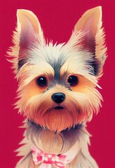 Funny adorable portrait headshot of cute doggy. Yorkshire Terrier dog breed puppy, standing facing front. Looking to camera. Watercolor imitation illustration. AI generated vertical artistic poster.