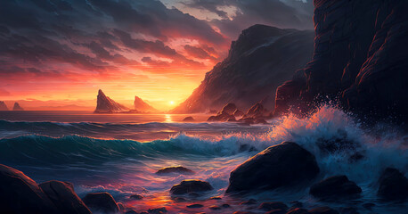 sunset over the ocean with a rocky shoreline and crashing waves beneath a glowing sunset sky