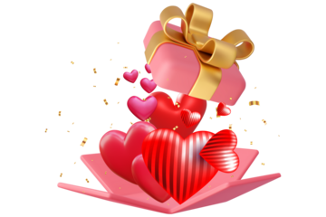 Valentine's day design. Realistic 3d pink gifts boxes for background. opened gift box design for valentine's day wish. transparent image   