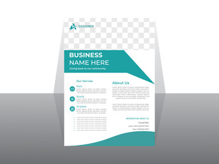 Business Flyer Layout with Blue Accents. Corporate business flyer template with blue geometric shapes. Brochure Template Design, abstract business flyer, vector template design. Brochure design, cover