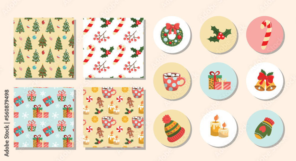 Poster christmas patterns set. collection of graphic elements for site. design elements for invitation and 