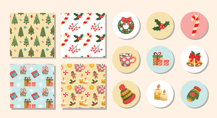 Christmas patterns set. Collection of graphic elements for site. Design elements for invitation and greeting cards. Holiday and festival. Cartoon flat vector illustrations isolated on beige background