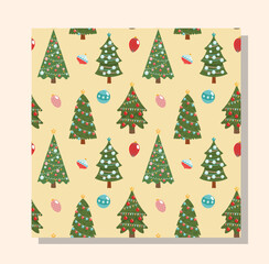 Christmas seamless pattern. Repeating design element for printing on gift wrapping. Christmas trees, New Year and winter holidays. Hanging toys, decorations. Cartoon flat vector illustration