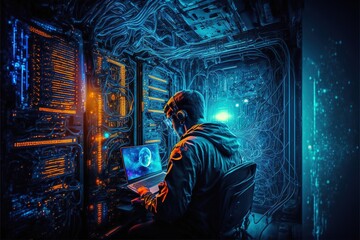 Obraz na płótnie Canvas IT engineer working with laptop on a server. generative ai