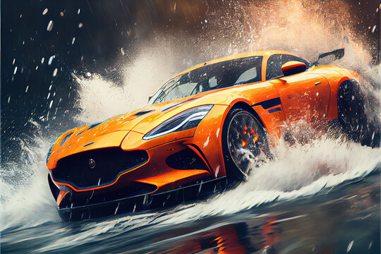  sports car speeding through a storm, splashing, water, rain, sports, motosports, dynamic,Beautiful illustration , car, storm,generative ai	