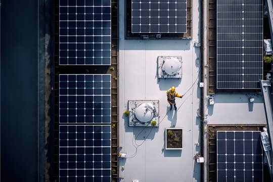 Aerial View Of Worker Installing Solar Panels. Generative Ai