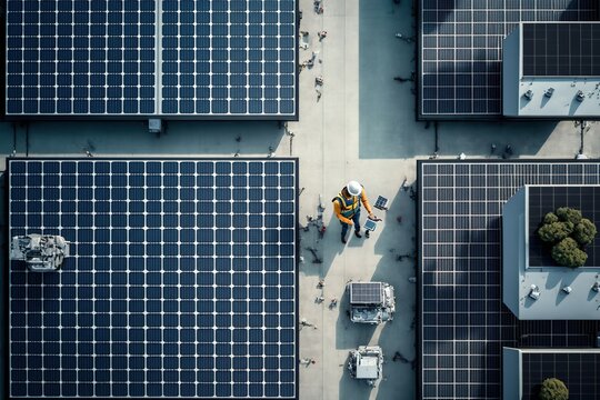 Aerial view of worker installing solar panels. Generative ai