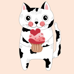 Cute valentines decorations happy cat cartoon cupcake. white cat hold pink muffin. idea for sublimation, greeting card, cut file, printing, printable, t shirt, kid cartoon