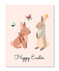 Easter boho greeting card. Two hares with ropes and insects, butterflies and flowers. Template, layout and mock up. Poster or banner for website. Flora and fauna. Cartoon flat vector illustration